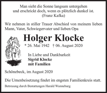 Traueranzeige von Holger Klocke  von Magdeburger Volksstimme