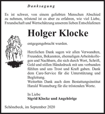 Traueranzeige von Holger Klocke  von Magdeburger Volksstimme