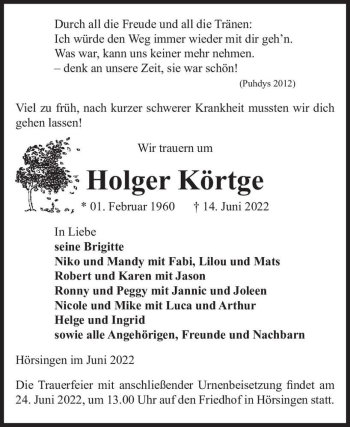 Traueranzeige von Holger Körtge  von Magdeburger Volksstimme