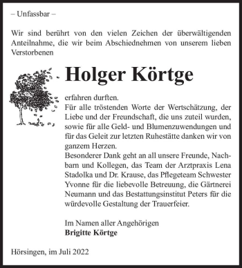 Traueranzeige von Holger Körtge  von Magdeburger Volksstimme