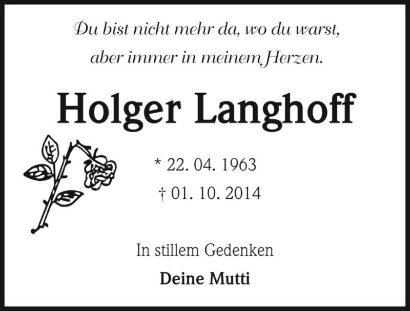  Traueranzeige für Holger Langhoff  vom 22.04.2017 aus Magdeburger Volksstimme