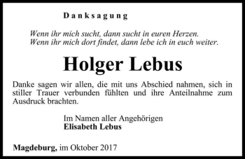 Traueranzeige von Holger Lebus  von Magdeburger Volksstimme
