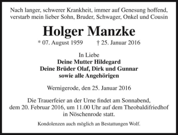 Traueranzeige von Holger Manzke  von Magdeburger Volksstimme