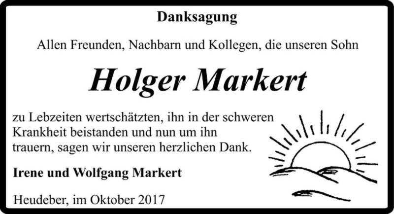  Traueranzeige für Holger Markert  vom 28.10.2017 aus Magdeburger Volksstimme