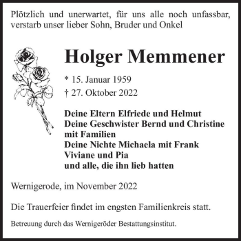 Traueranzeige von Holger Memmener  von Magdeburger Volksstimme