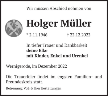 Traueranzeige von Holger Müller  von Magdeburger Volksstimme