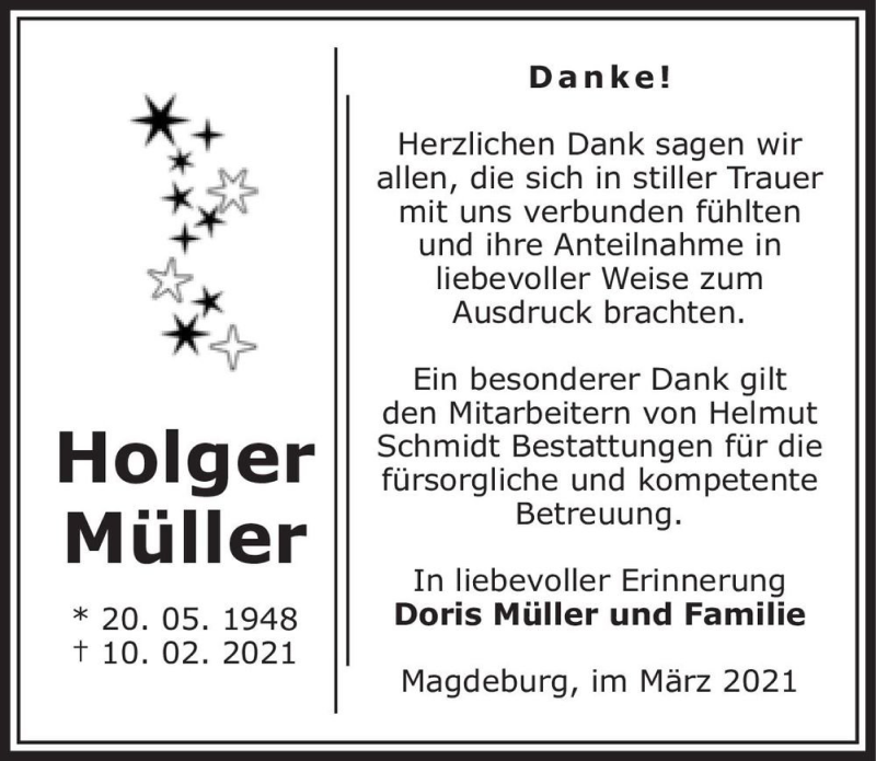  Traueranzeige für Holger Müller  vom 20.03.2021 aus Magdeburger Volksstimme