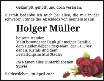 Traueranzeige von Holger Müller  von Magdeburger Volksstimme