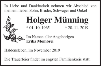 Traueranzeige von Holger Münning  von Magdeburger Volksstimme