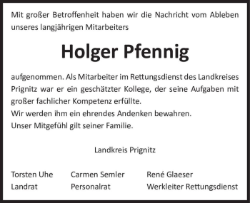 Traueranzeige von Holger Pfennig  von Magdeburger Volksstimme