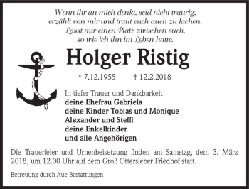 Traueranzeige von Holger Ristig  von Magdeburger Volksstimme