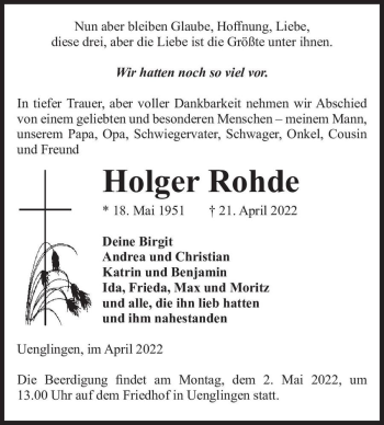Traueranzeige von Holger Rohde  von Magdeburger Volksstimme