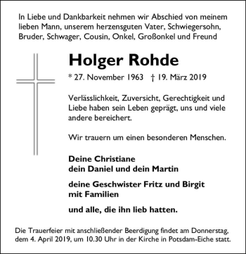 Traueranzeige von Holger Rohde  von Magdeburger Volksstimme