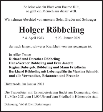 Traueranzeige von Holger Röbbeling  von Magdeburger Volksstimme