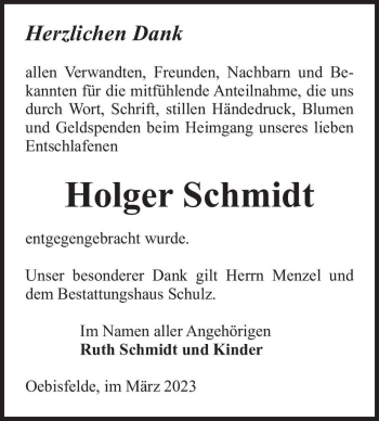 Traueranzeige von Holger Schmidt  von Magdeburger Volksstimme