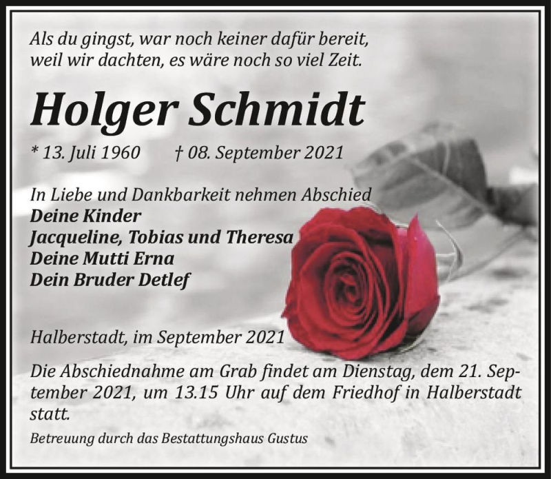  Traueranzeige für Holger Schmidt  vom 11.09.2021 aus Magdeburger Volksstimme