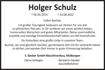 Traueranzeige von Holger Schulz  von Magdeburger Volksstimme