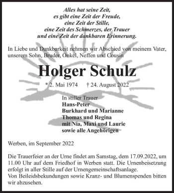 Traueranzeige von Holger Schulz  von Magdeburger Volksstimme