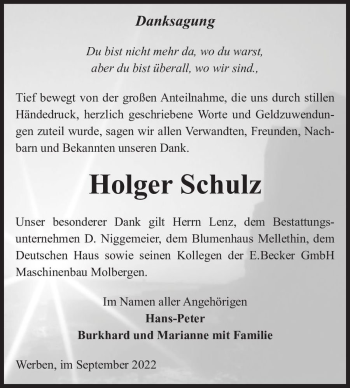 Traueranzeige von Holger Schulz  von Magdeburger Volksstimme