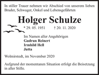 Traueranzeige von Holger Schulze  von Magdeburger Volksstimme