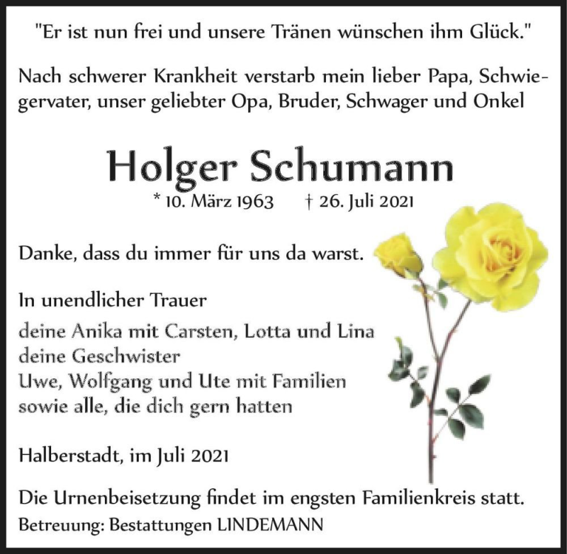  Traueranzeige für Holger Schumann  vom 31.07.2021 aus Magdeburger Volksstimme