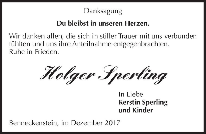  Traueranzeige für Holger Sperling  vom 19.12.2017 aus Magdeburger Volksstimme