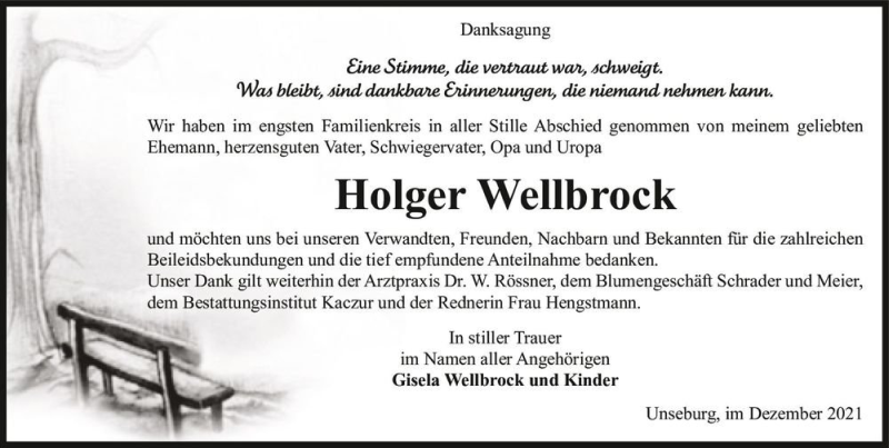  Traueranzeige für Holger Wellbrock  vom 15.12.2021 aus Magdeburger Volksstimme