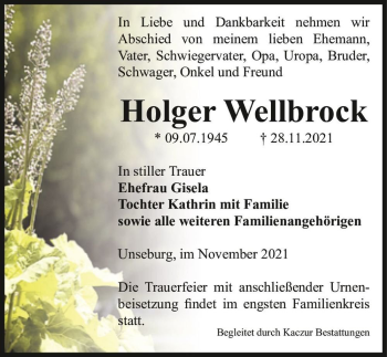 Traueranzeige von Holger Wellbrock  von Magdeburger Volksstimme