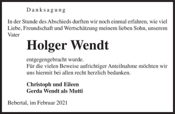 Traueranzeige von Holger Wendt  von Magdeburger Volksstimme