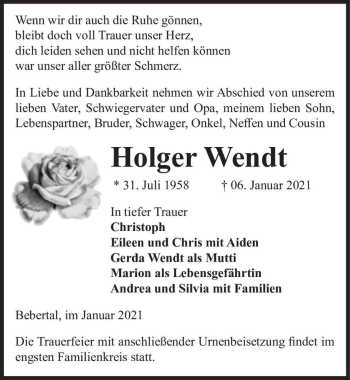 Traueranzeige von Holger Wendt  von Magdeburger Volksstimme
