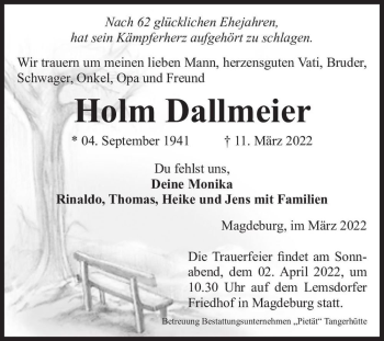 Traueranzeige von Holm Dallmeier  von Magdeburger Volksstimme