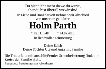 Traueranzeige von Holm Parth  von Magdeburger Volksstimme