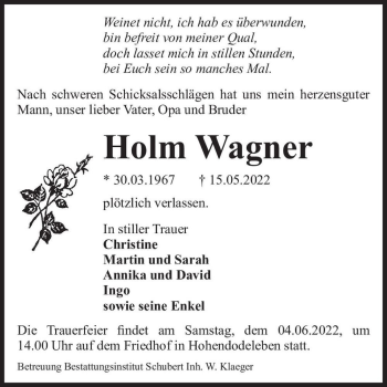 Traueranzeige von Holm Wagner  von Magdeburger Volksstimme