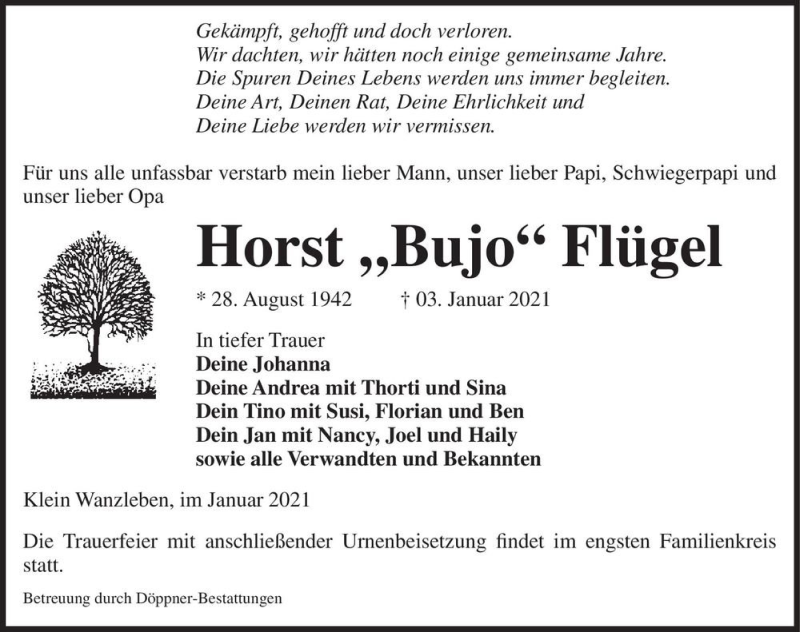 Traueranzeige für Horst ,,Bujo