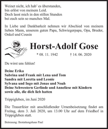 Traueranzeige von Horst-Adolf Gose  von Magdeburger Volksstimme