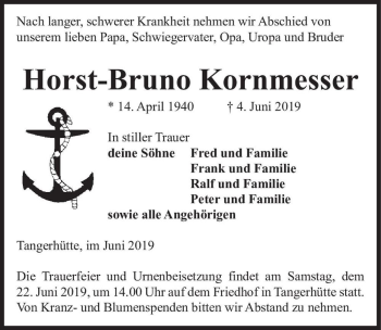 Traueranzeige von Horst-Bruno Kornmesser  von Magdeburger Volksstimme