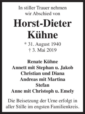 Traueranzeige von Horst-Dieter Kühne  von Magdeburger Volksstimme