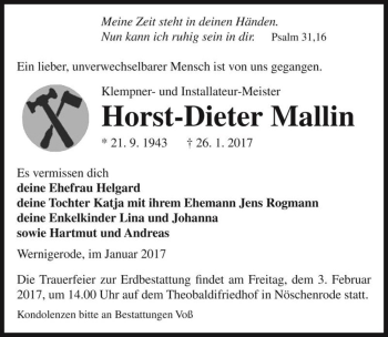 Traueranzeige von Horst-Dieter Mallin  von Magdeburger Volksstimme