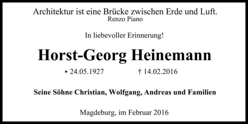  Traueranzeige für Horst-Georg Heinemann  vom 20.02.2016 aus Magdeburger Volksstimme
