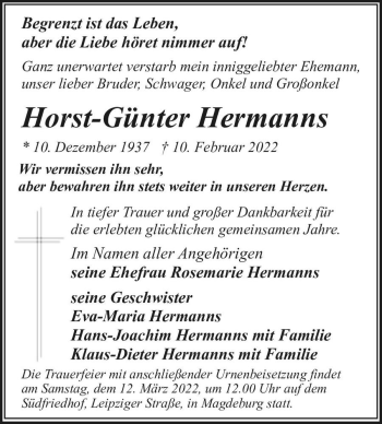 Traueranzeige von Horst-Günter Hermanns  von Magdeburger Volksstimme