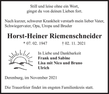 Traueranzeige von Horst-Heiner Riemenschneider  von Magdeburger Volksstimme