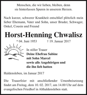Traueranzeige von Horst-Henning Chwalisz  von Magdeburger Volksstimme
