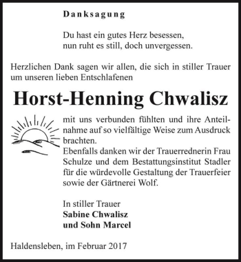 Traueranzeige von Horst-Henning Chwalisz  von Magdeburger Volksstimme