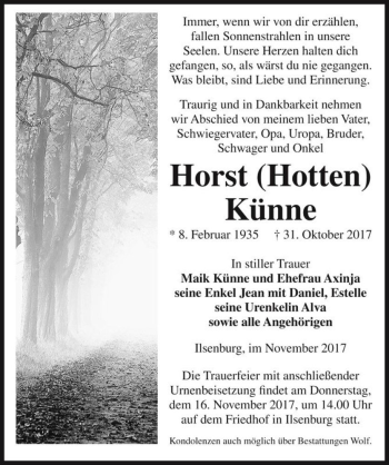 Traueranzeige von Horst (Hotten) Künne  von Magdeburger Volksstimme