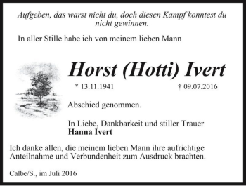 Traueranzeige von Horst (Hotti) Ivert  von Magdeburger Volksstimme