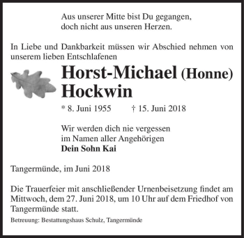 Traueranzeige von Horst-Michael (Honne) Hockwin  von Magdeburger Volksstimme
