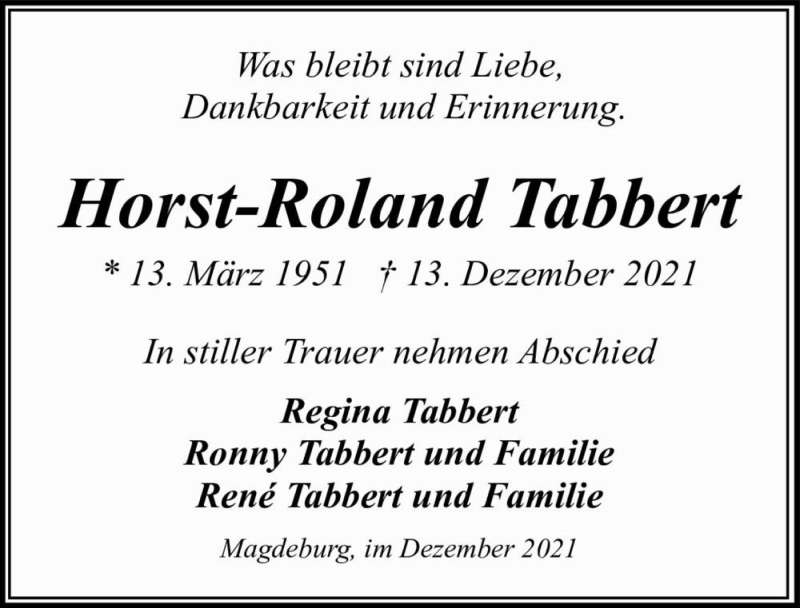  Traueranzeige für Horst-Roland Tabbert  vom 24.12.2021 aus Magdeburger Volksstimme