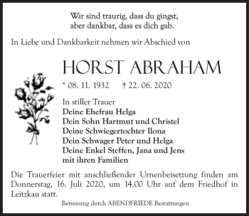 Traueranzeige von Horst Abraham  von Magdeburger Volksstimme