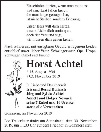 Traueranzeige von Horst Achtel  von Magdeburger Volksstimme