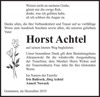 Traueranzeige von Horst Achtel  von Magdeburger Volksstimme